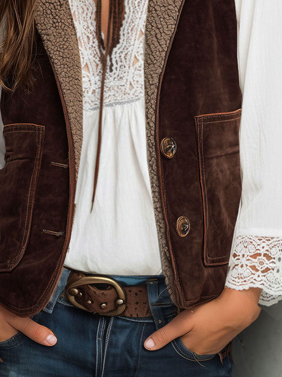 Vintage Western Brown Microsuede Waistcoat With Sherpa Lining