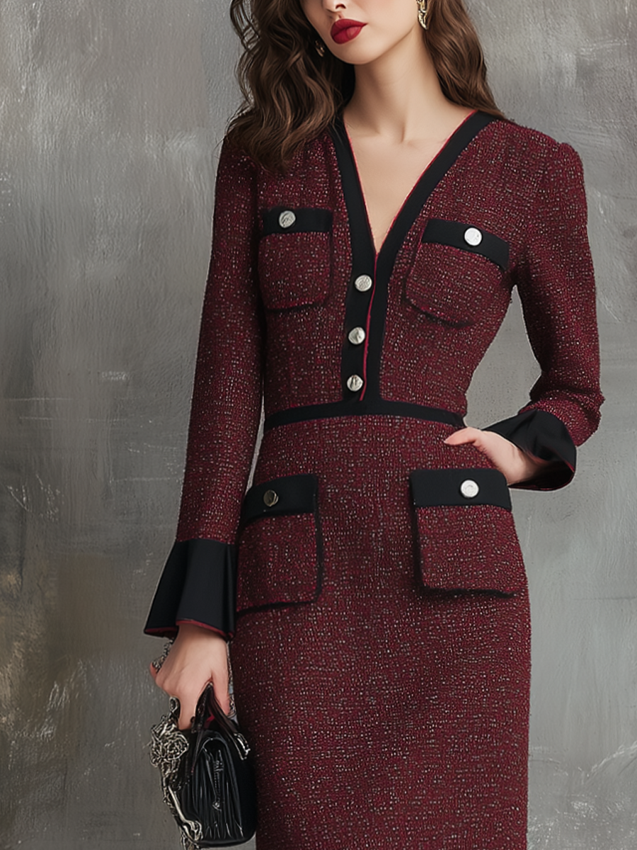 Retro Contrasting Flare Cuffs Tweed Midi Dress