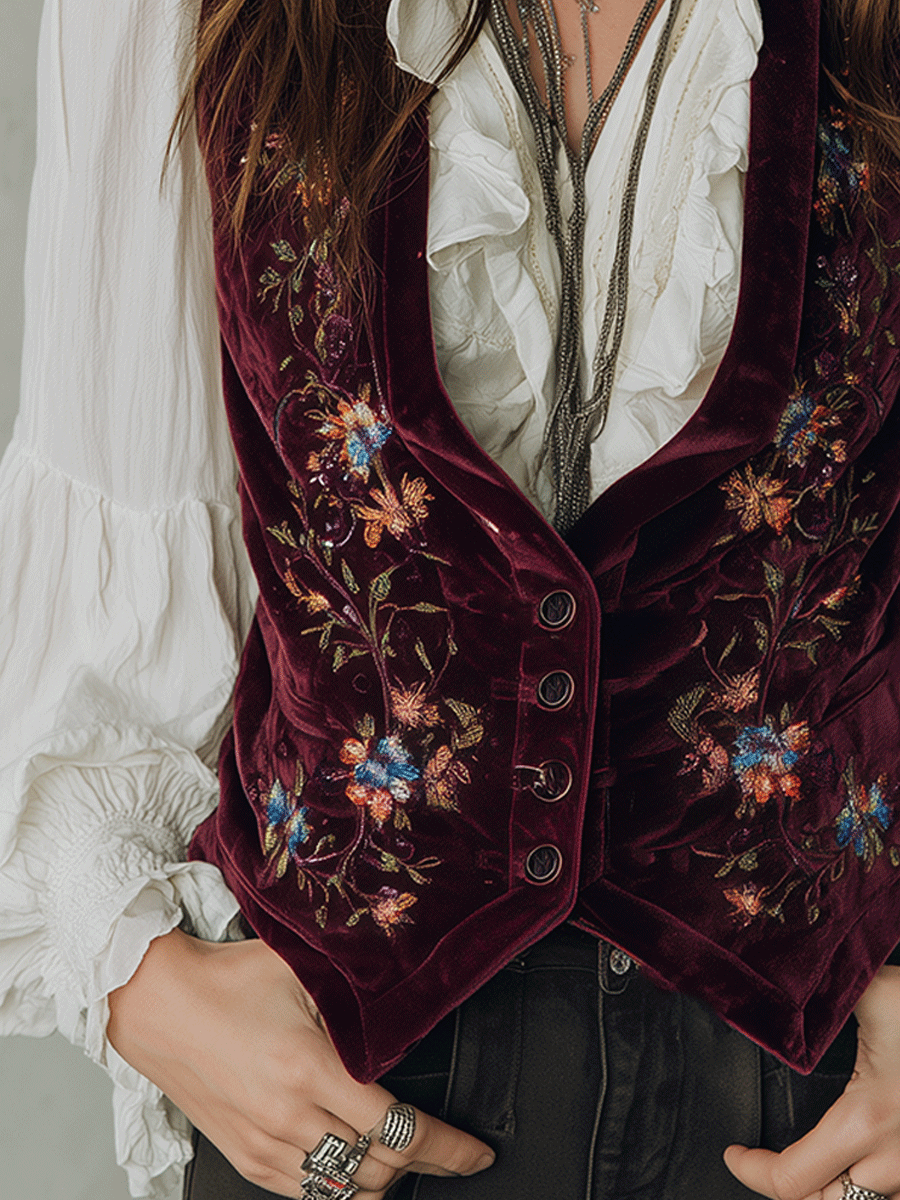 Burgundy Embroidered Velvet Vest