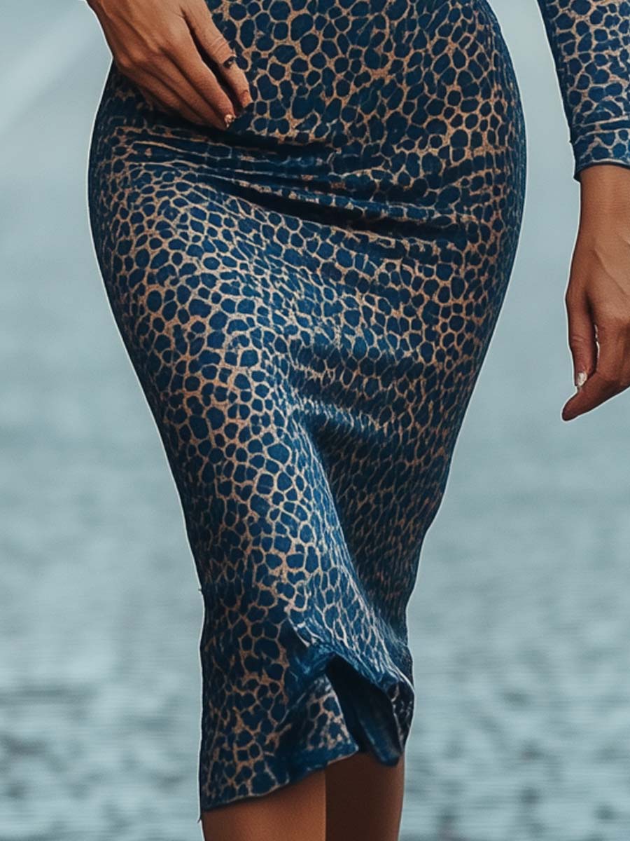 Blue Leopard Print Lace Bodycon Midi Dress