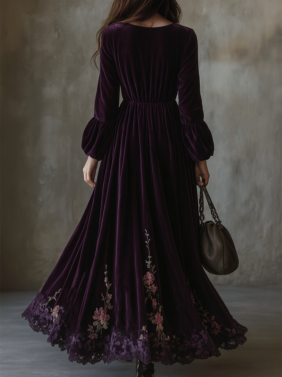 Vintage Floral Embroidered Velvet Maxi Dress