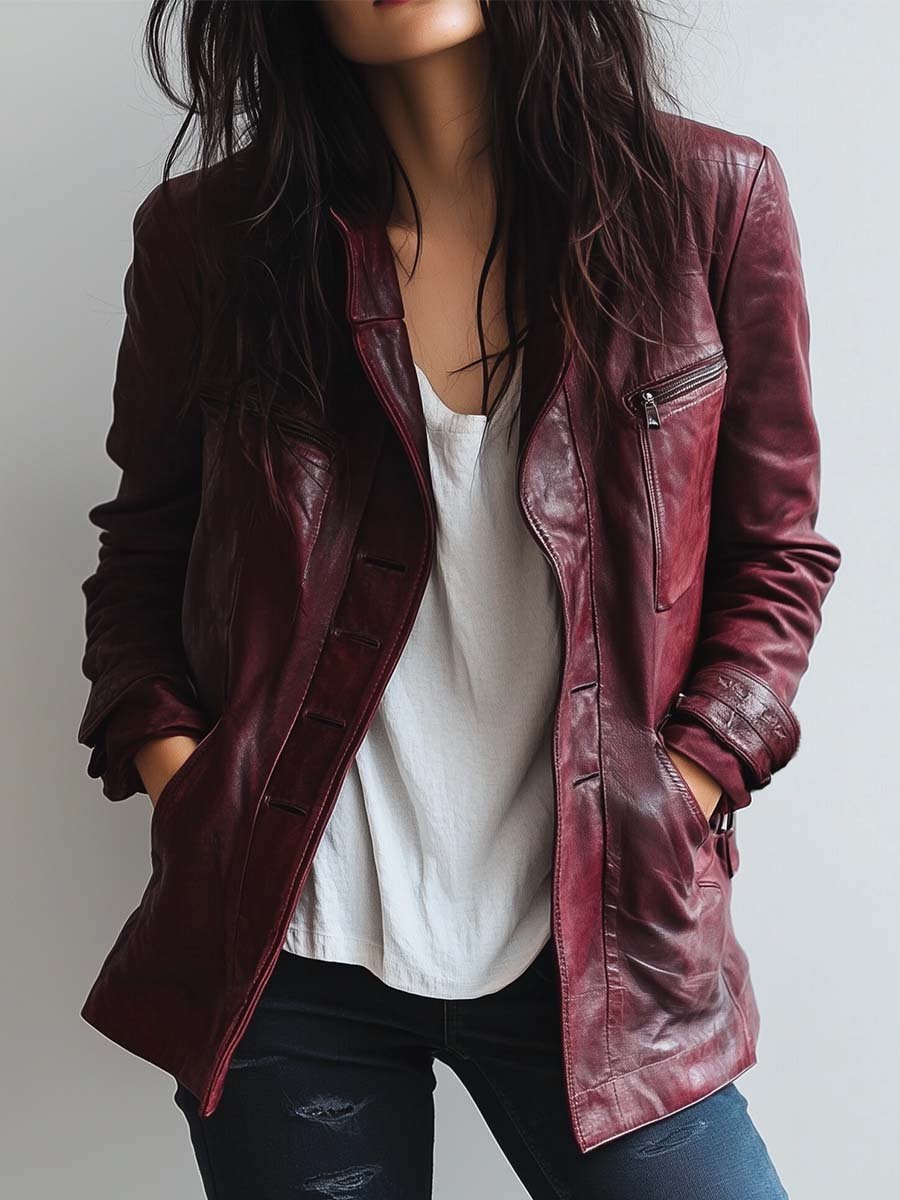 Women's Vintage Burgundy Faux Leather Jacket