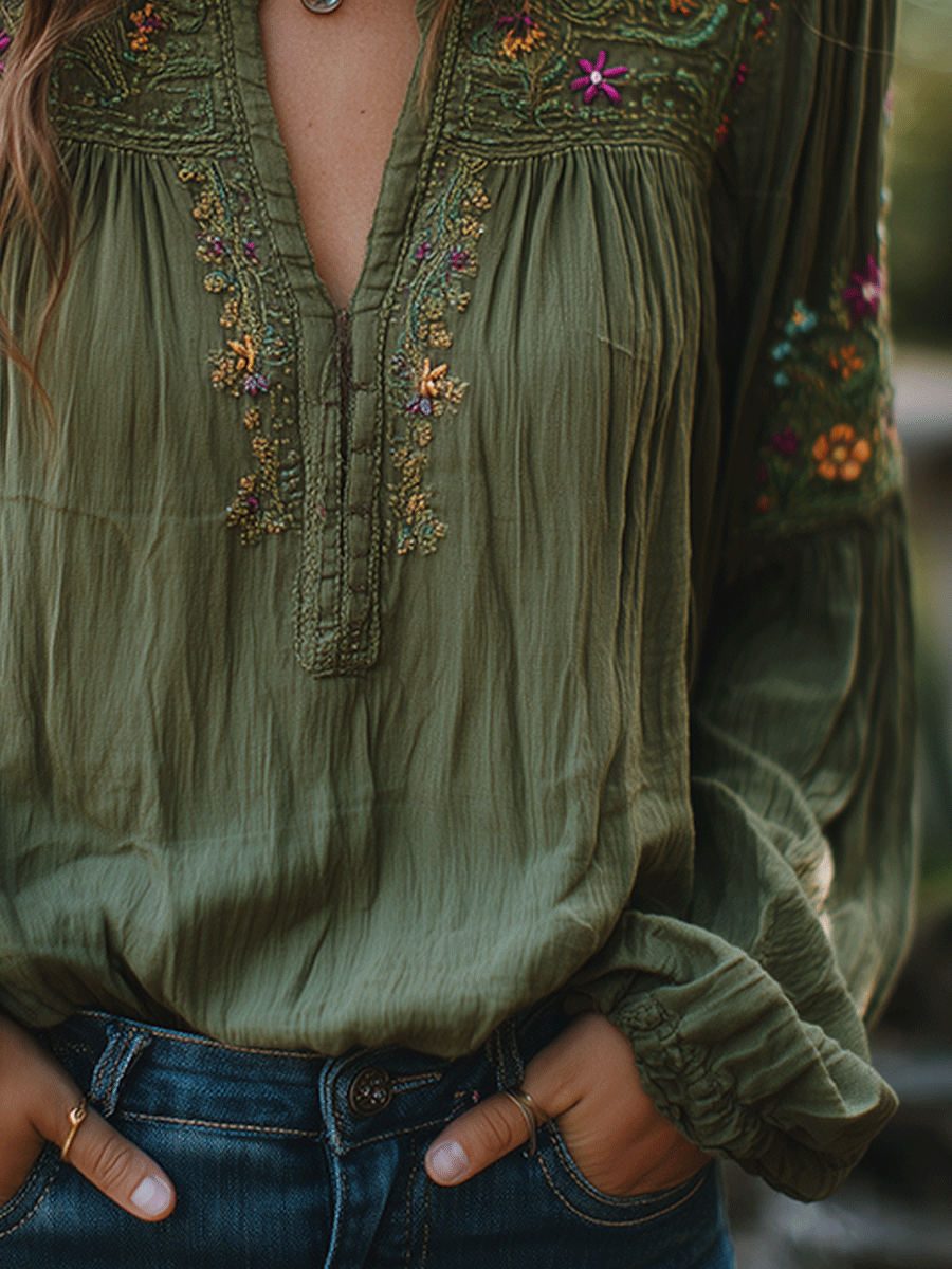 Bohe Floral Embroidered Cotton Olive Green Shirt