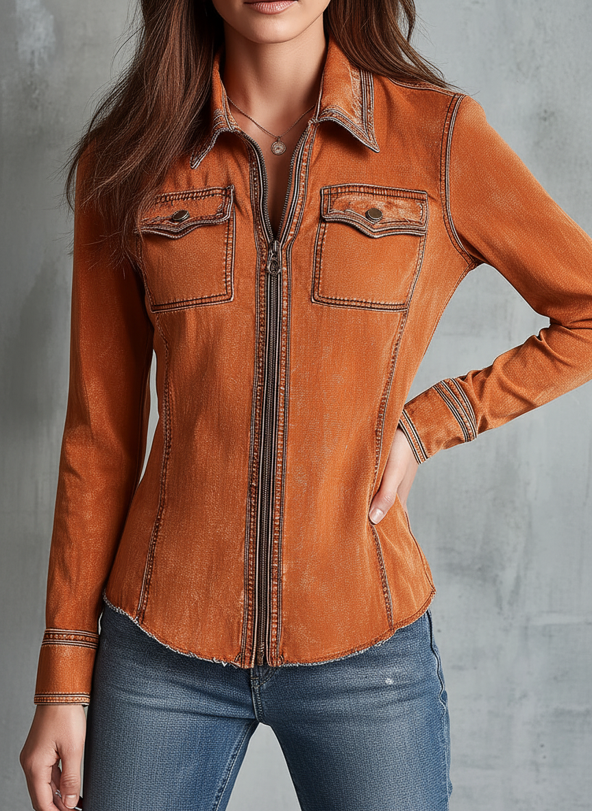 Vintage Burnt Orange Utility Zip Denim Jacket