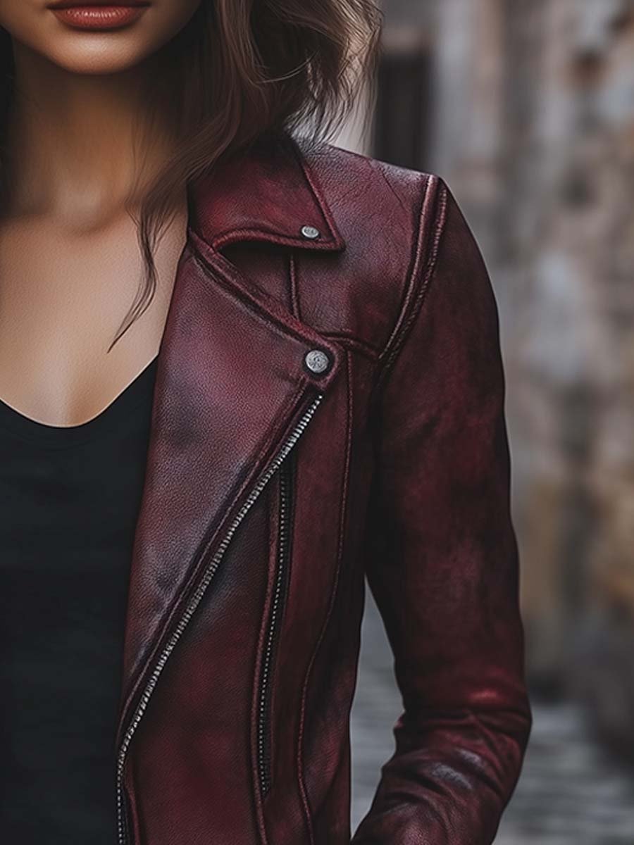 Women's Vintage Jacket Zipper Pocket Faux Leather Jacket