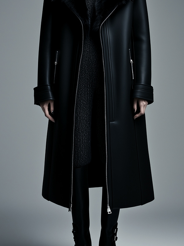 Women Fur Trim Warm Lined Hooded Eco Leather Trench Coat