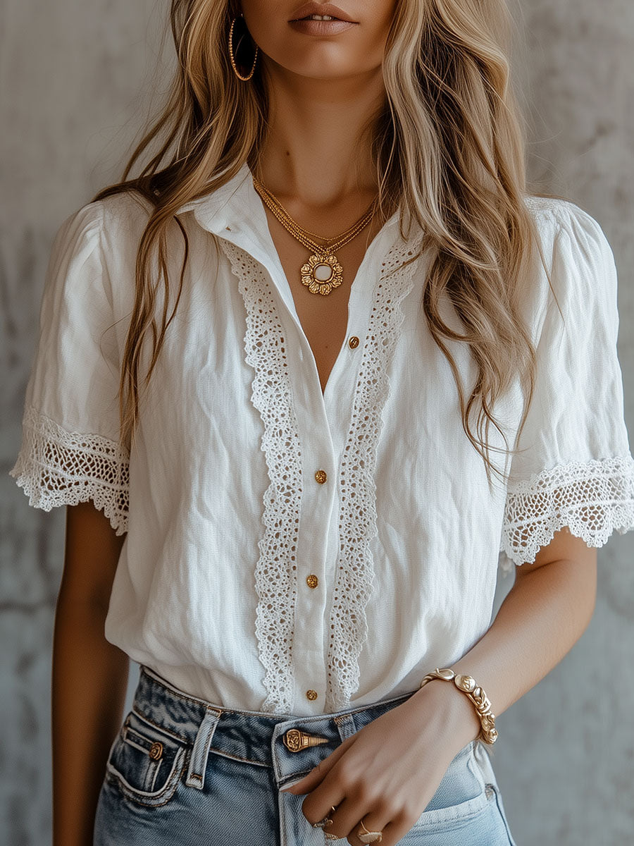 Vintage-Inspired Lace Trim White Blouse
