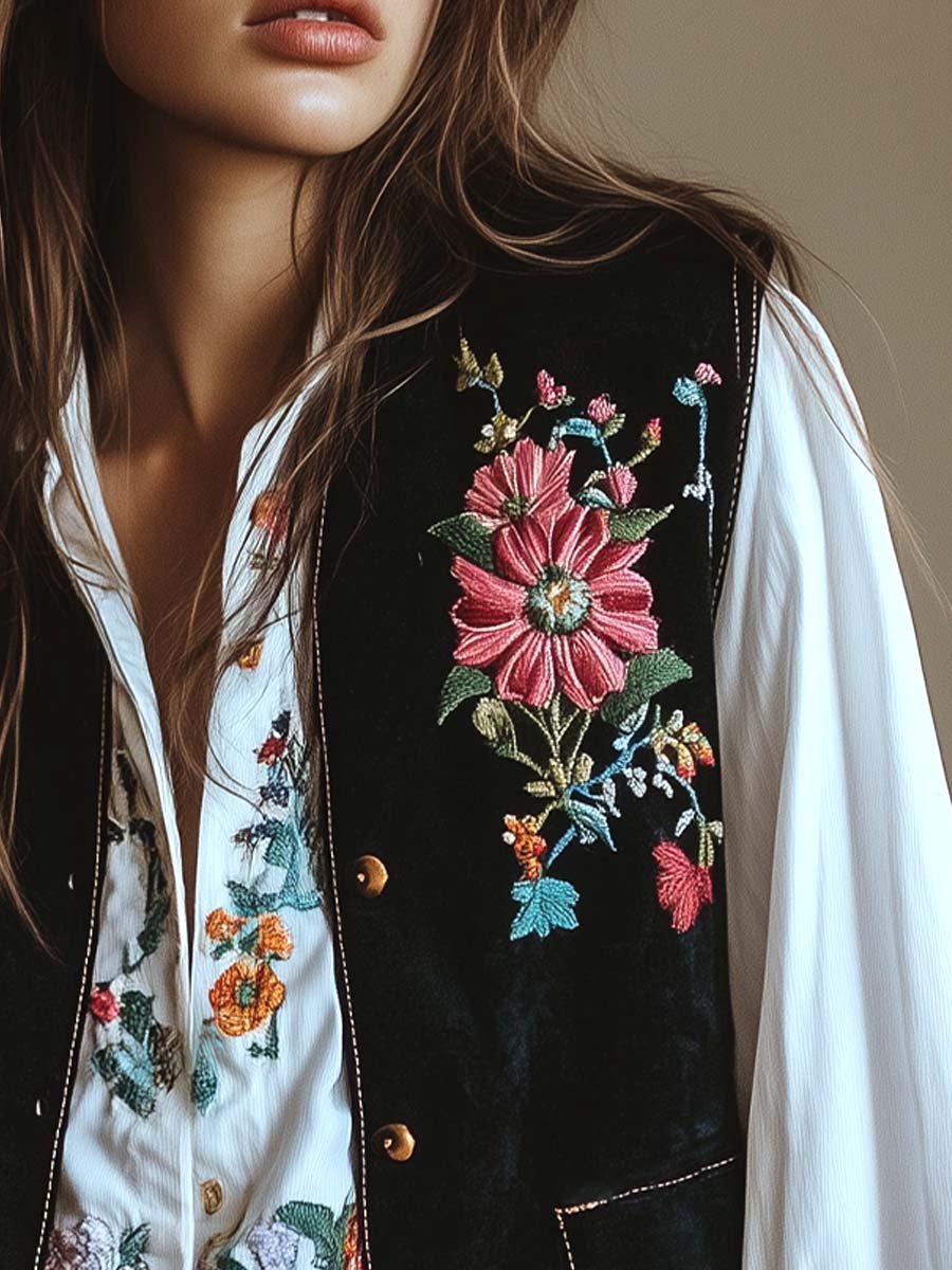 (sale)Women's Velvet Colorful Floral Embroidered Vest