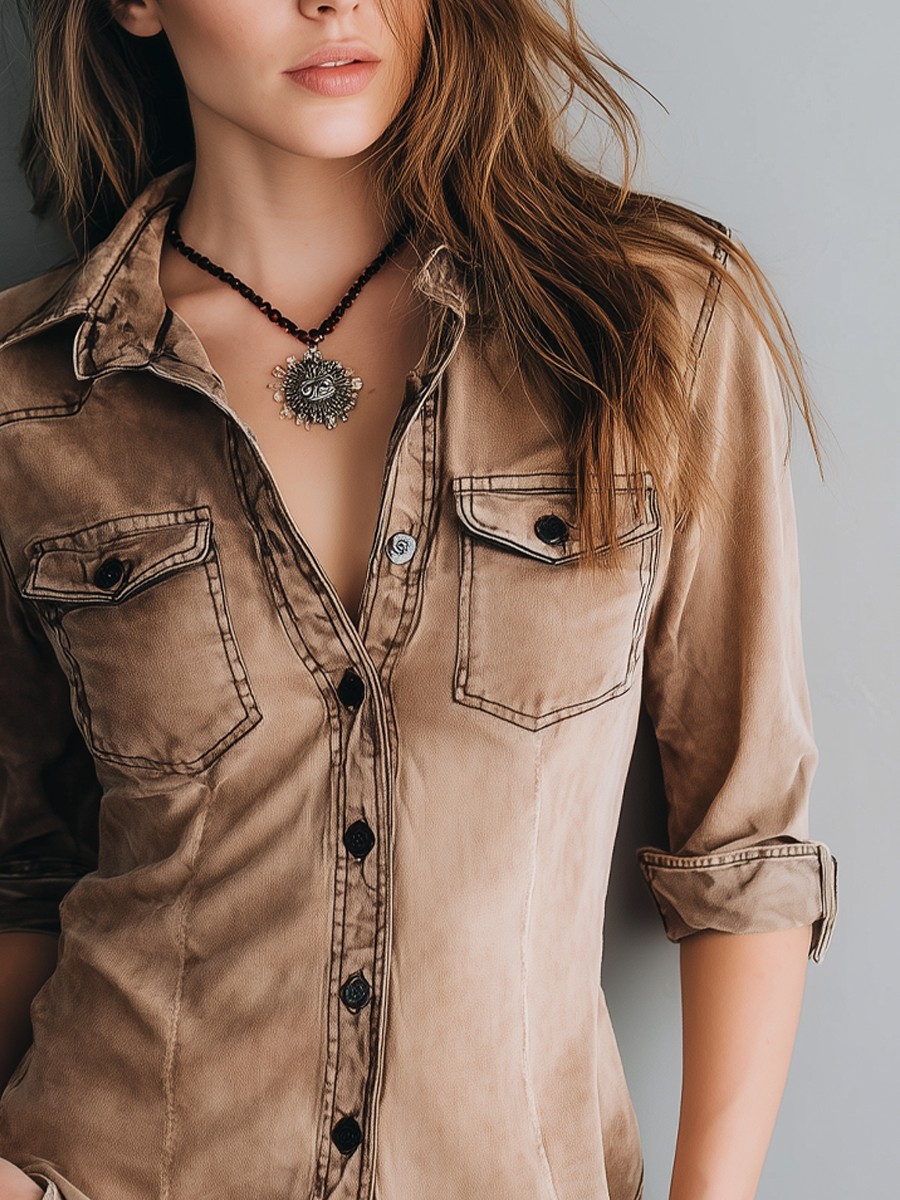 Retro Washed Contrast Stitching Blouse