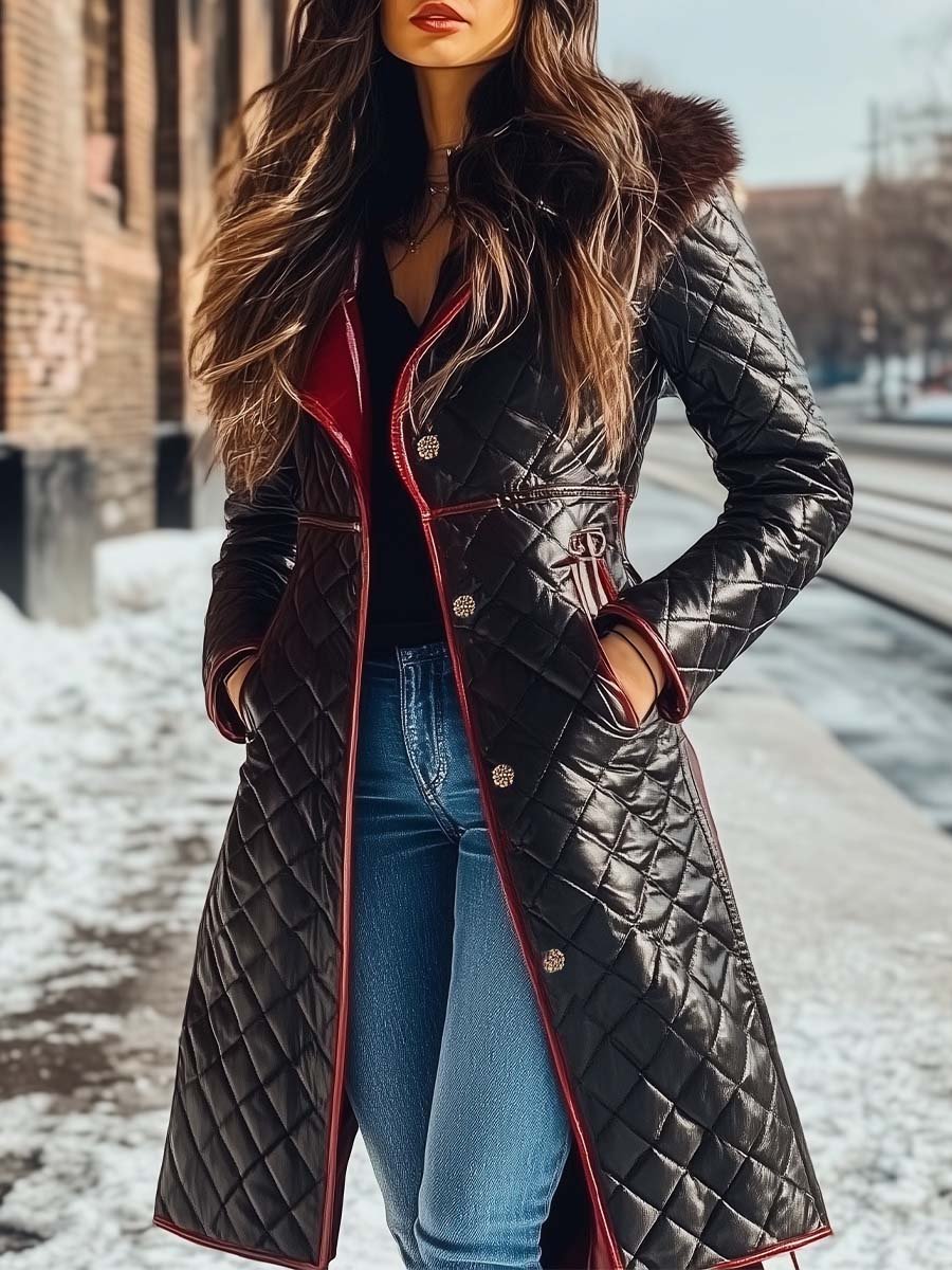 (clearance)Women's Vintage Fur Collar Contrasting Colors Quilted Coat