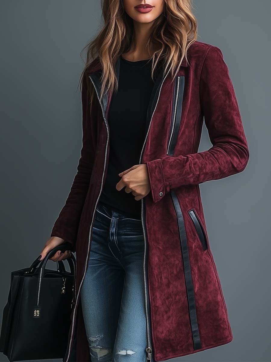Women's Vintage Burgundy Leather Patchwork Suede Jacket