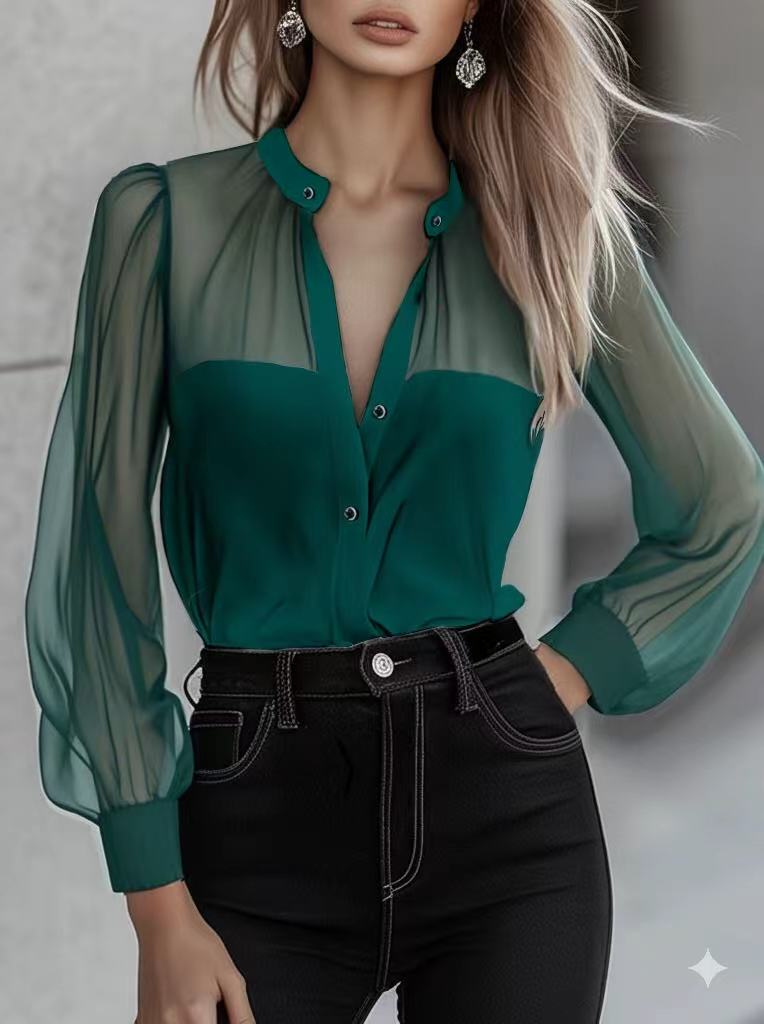 Chic Crew Neck Sheer Sleeves Button Down Shirt