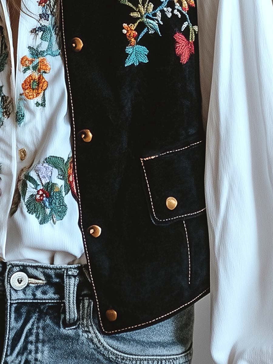 (sale)Women's Velvet Colorful Floral Embroidered Vest
