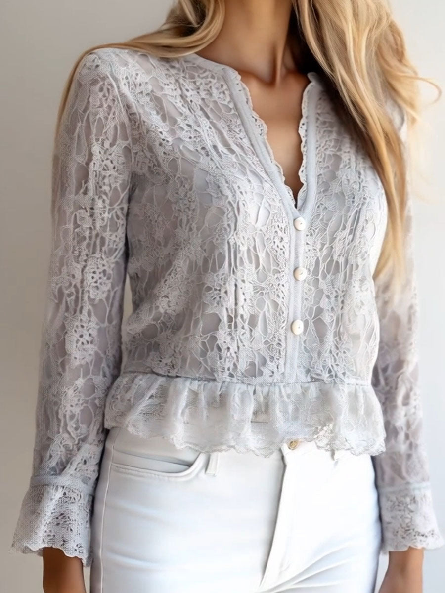 (sale)Stylish V-neck Button Down Long Sleeve Lace Shirt