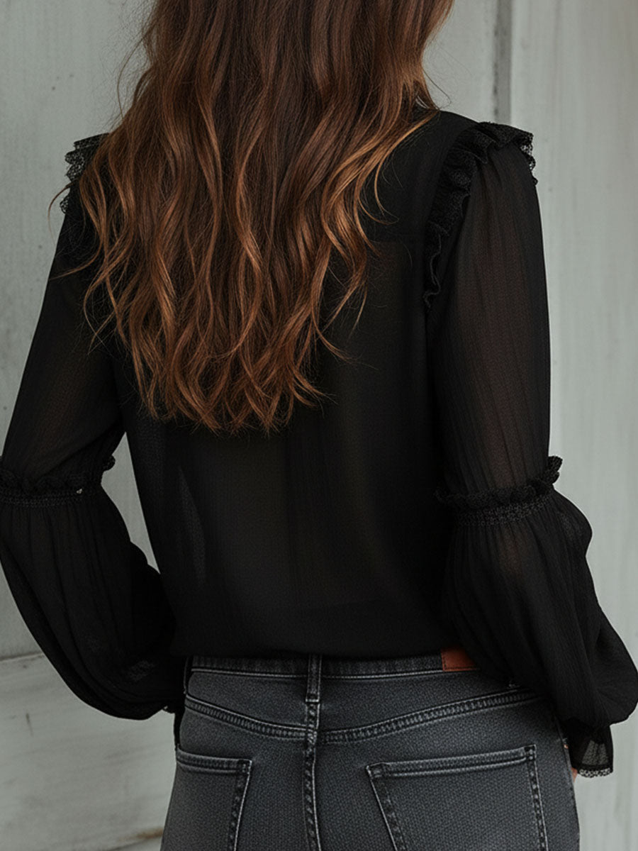 Vintage Black Ruffle Long Sleeve Blouse With Lace Trim