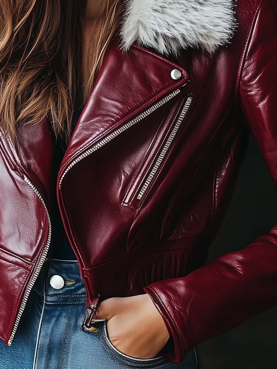 Women's Vintage Fur Collar Zipper Leather Jacket