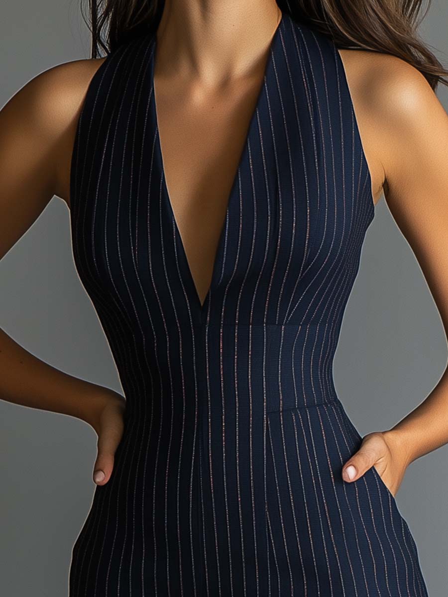 (sale)Halter Pinstripe V - neck Bodycon Dress