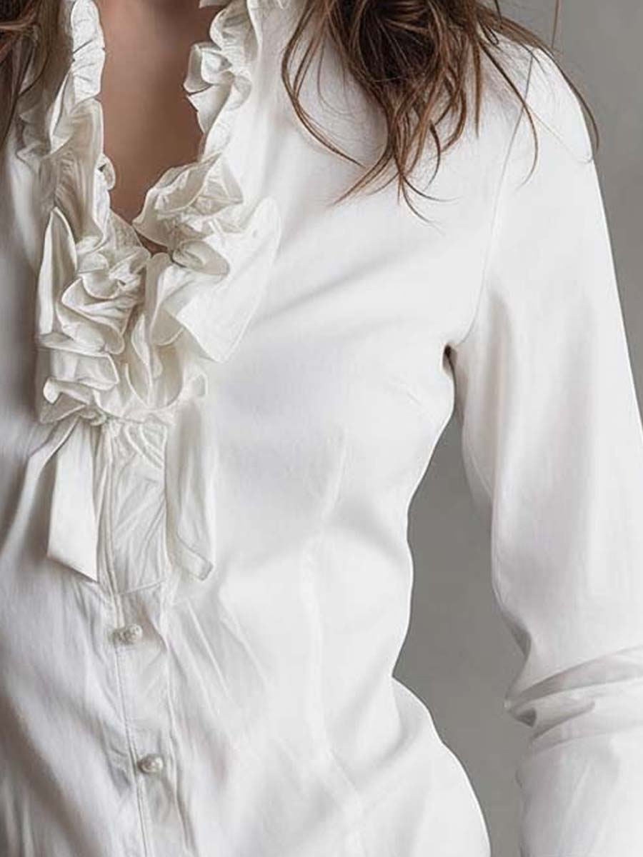 Vintage-Inspired White Ruffle Trim Blouse