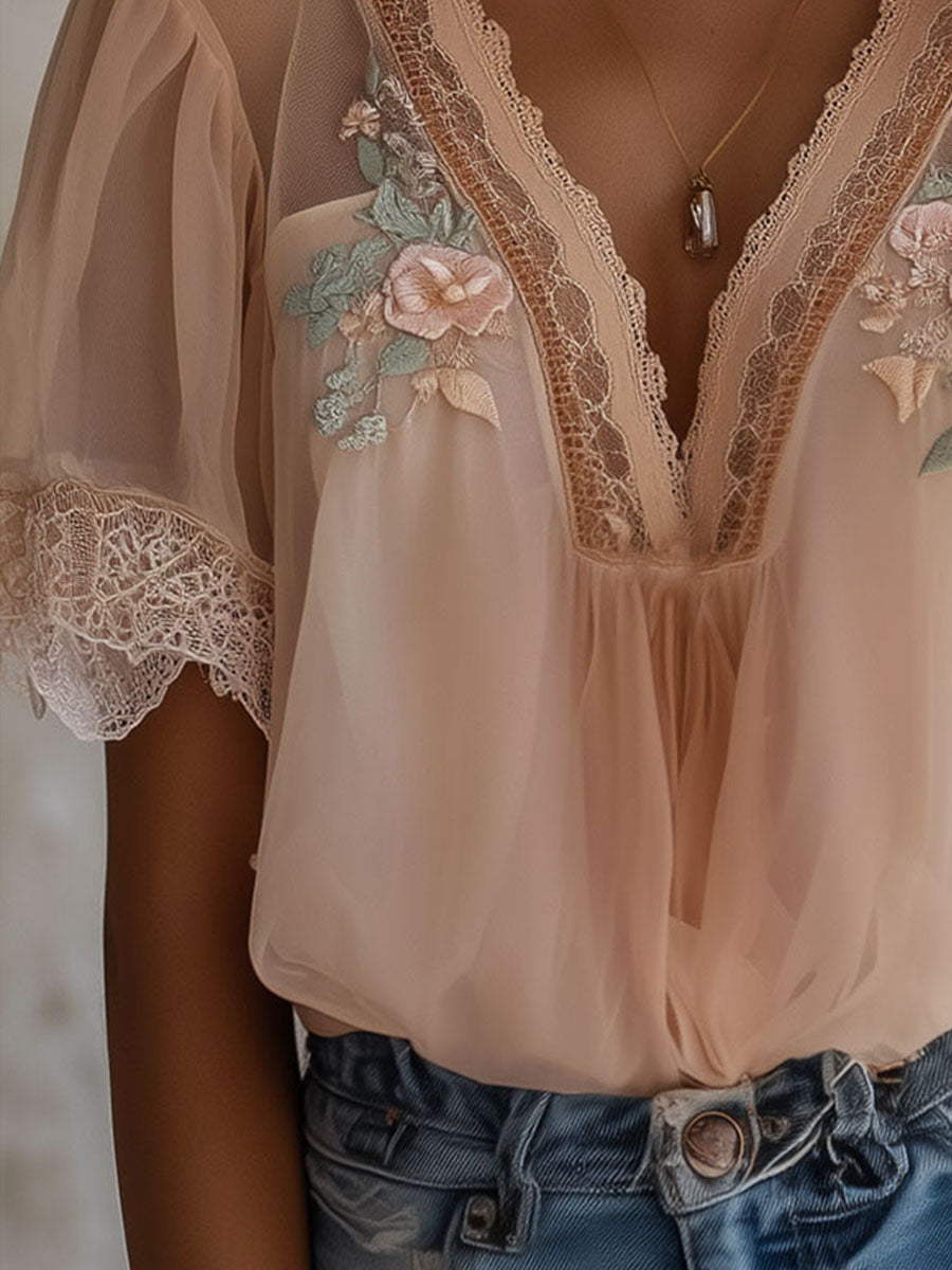 Boho Floral Embroidered Chiffon Blouse