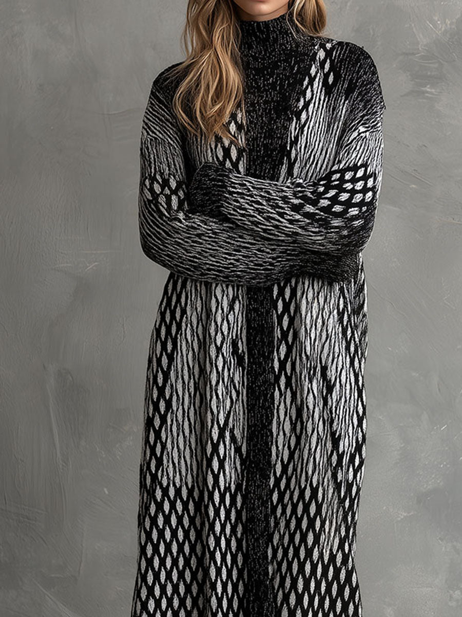 Cozy Black And White Geometric Pattern Maxi Sweater Dress