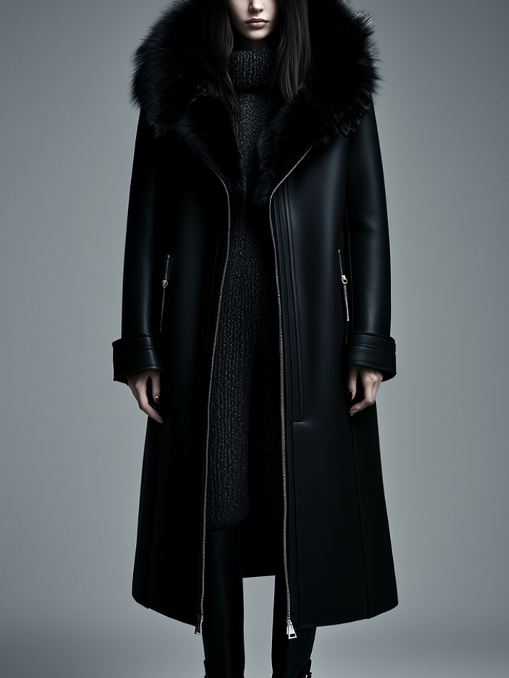 Women Fur Trim Warm Lined Hooded Eco Leather Trench Coat