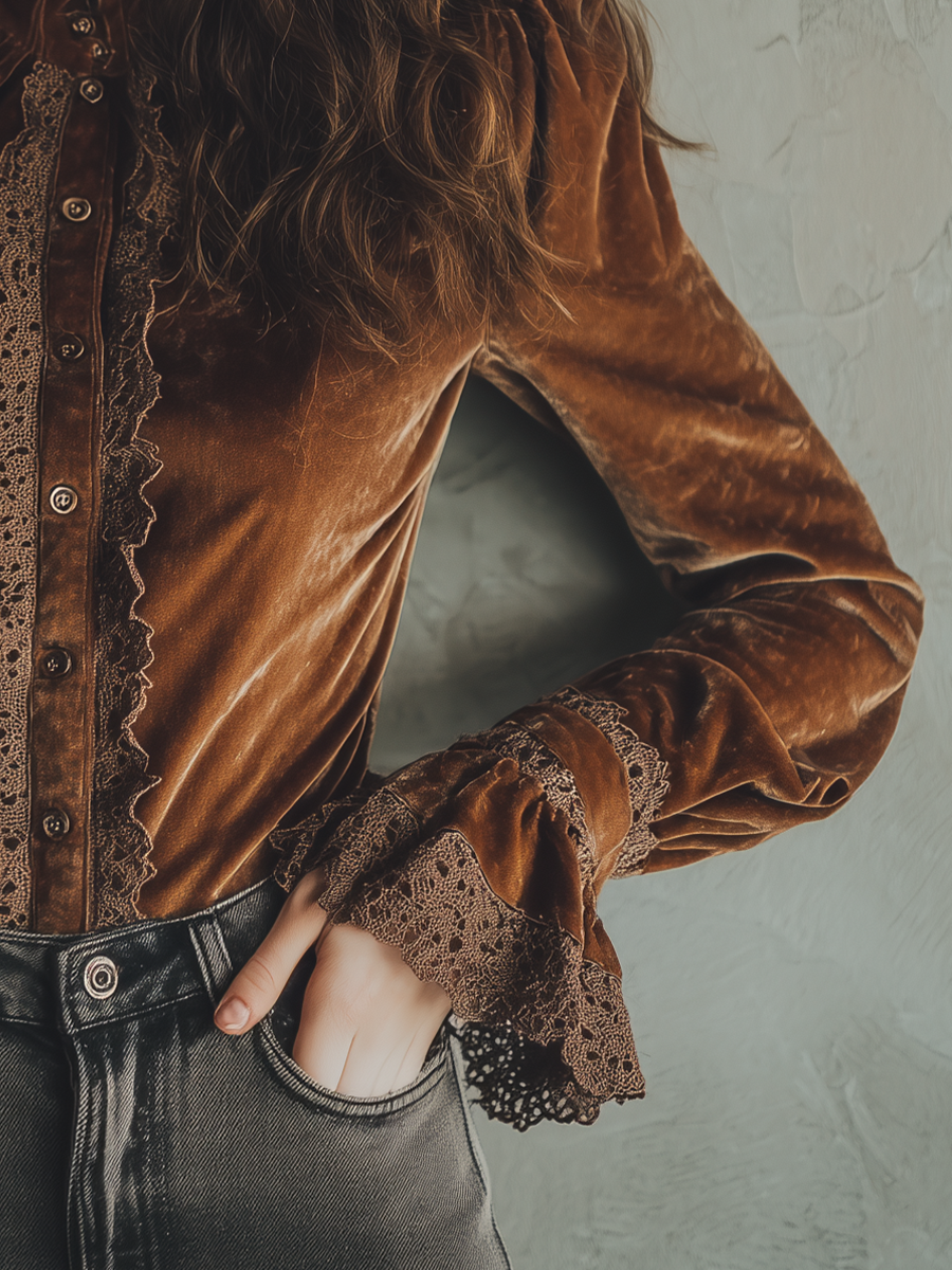 Vintage Lace Cuffs Poly Velvet Blouse