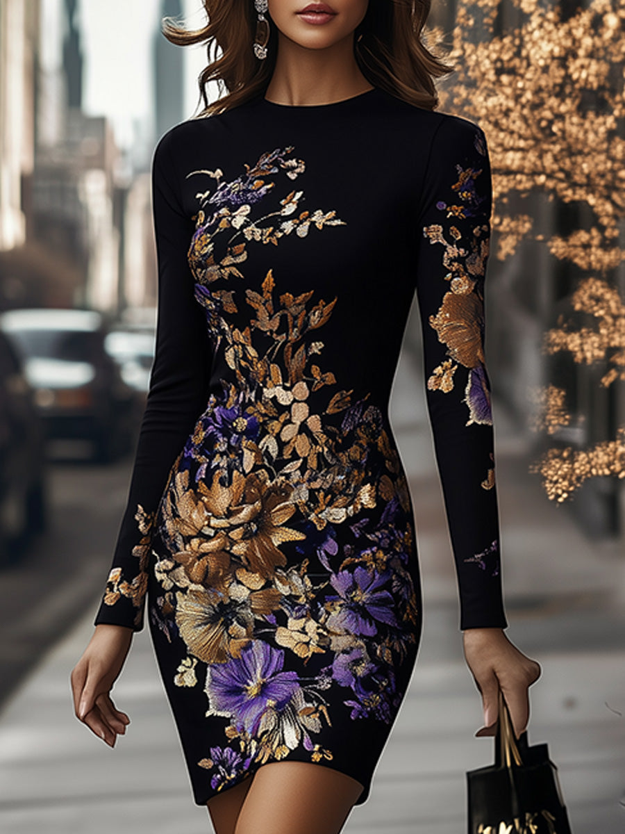 (clearance)Elegant Round Neck Floral Long Sleeve Bodycon Dress