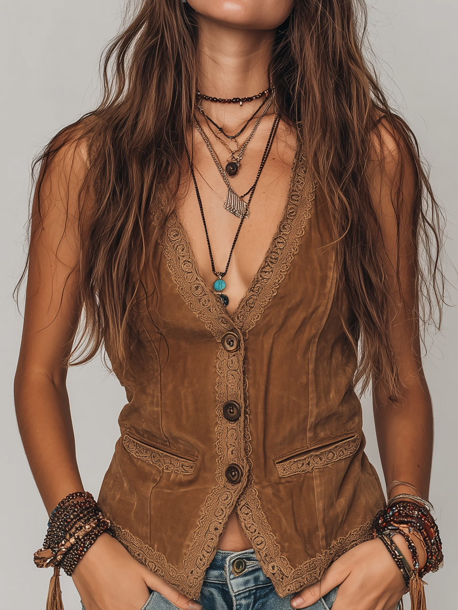 Vintage Lace Trim Distressed Faux Suede Vest