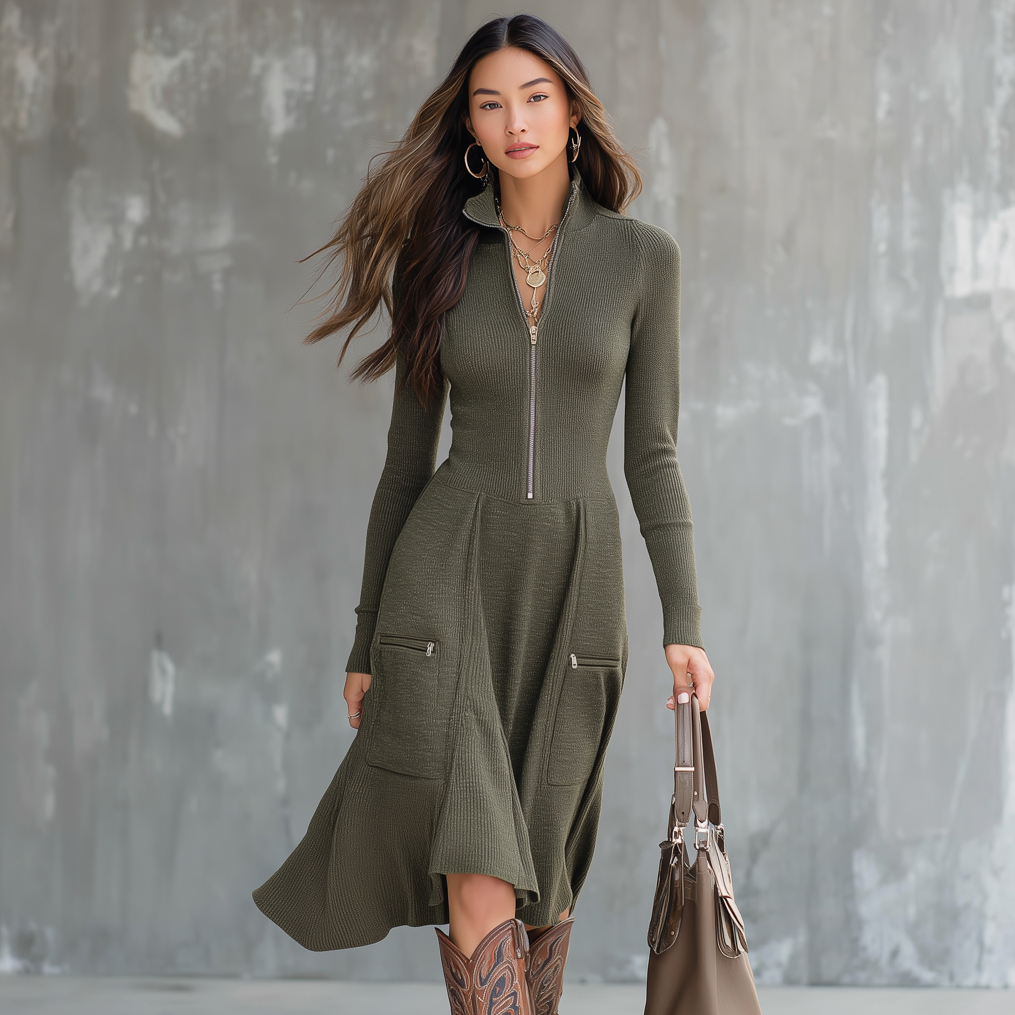 Vintage Zipper Neck Pocket Knit Midi Dress