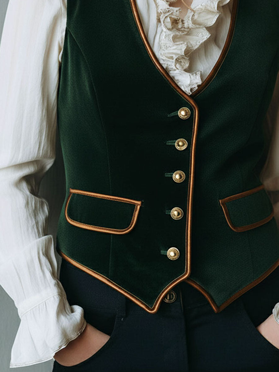 Vintage Victorian Velvet Tailored Vest With Gold Button