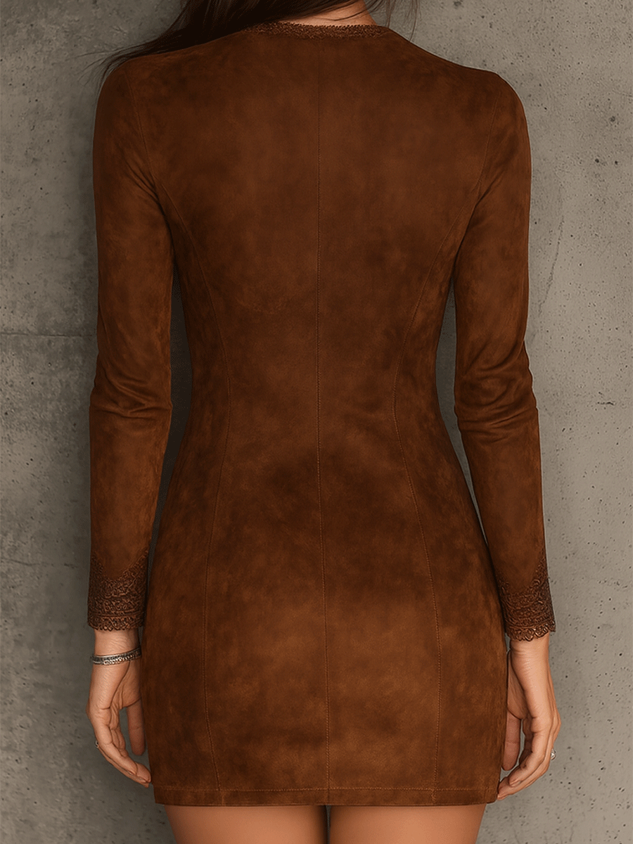 Vintage Caramel Brown Lace Trim And Zip Front Suede Mini Dress
