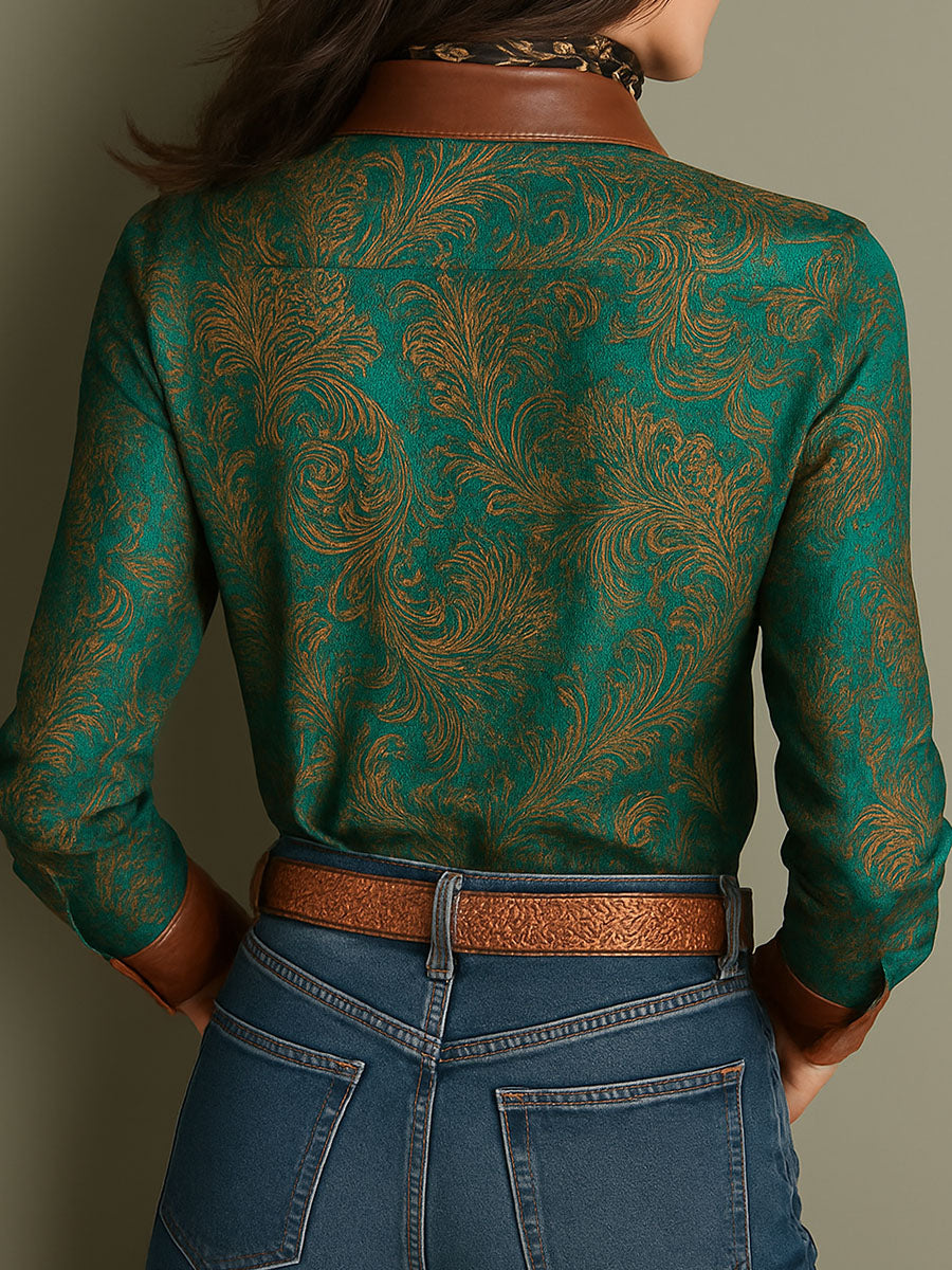 Vintage Green Baroque Print Leather Collar & Cuffs Shirt