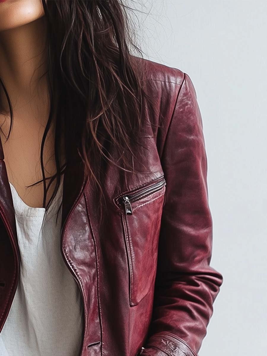 Women's Vintage Burgundy Faux Leather Jacket