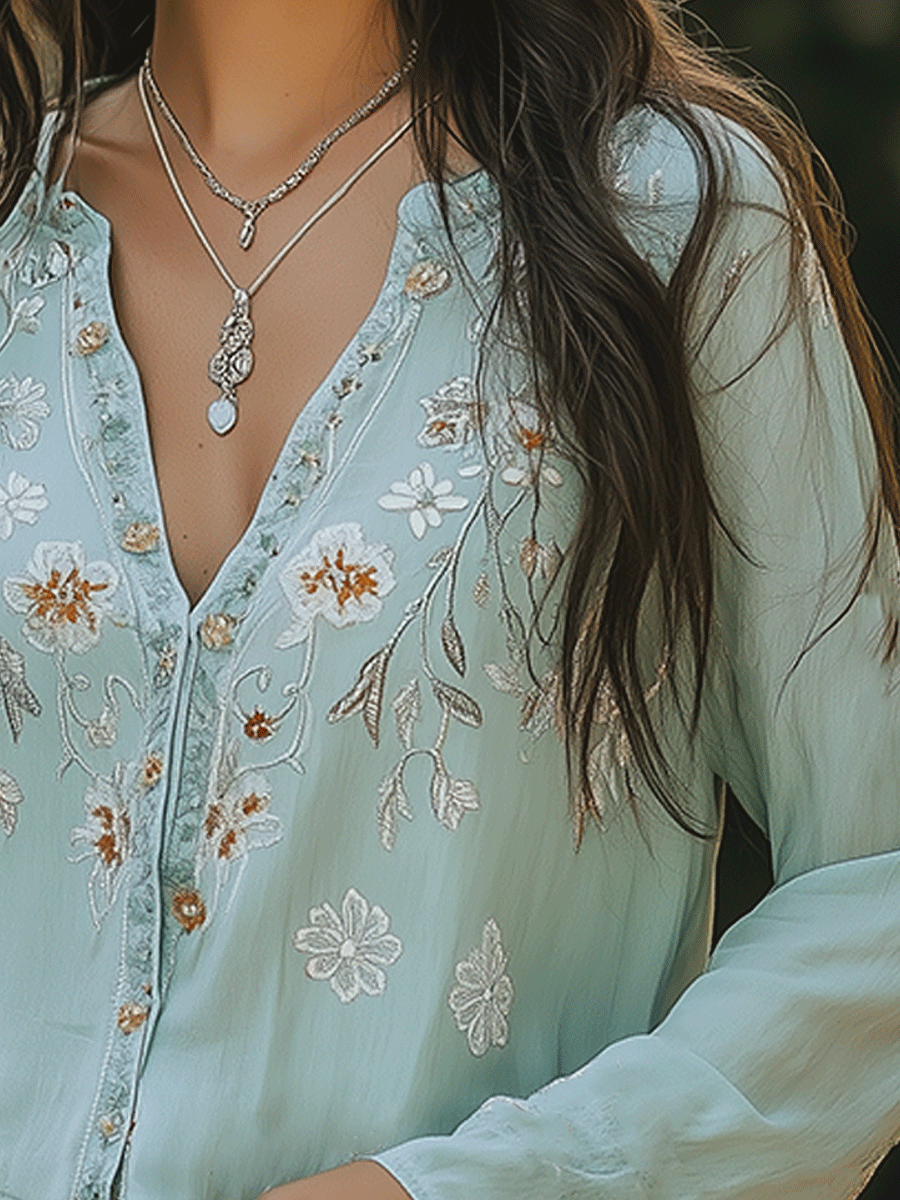 Soft And Casual Bohemian Style Embroidered Shirt