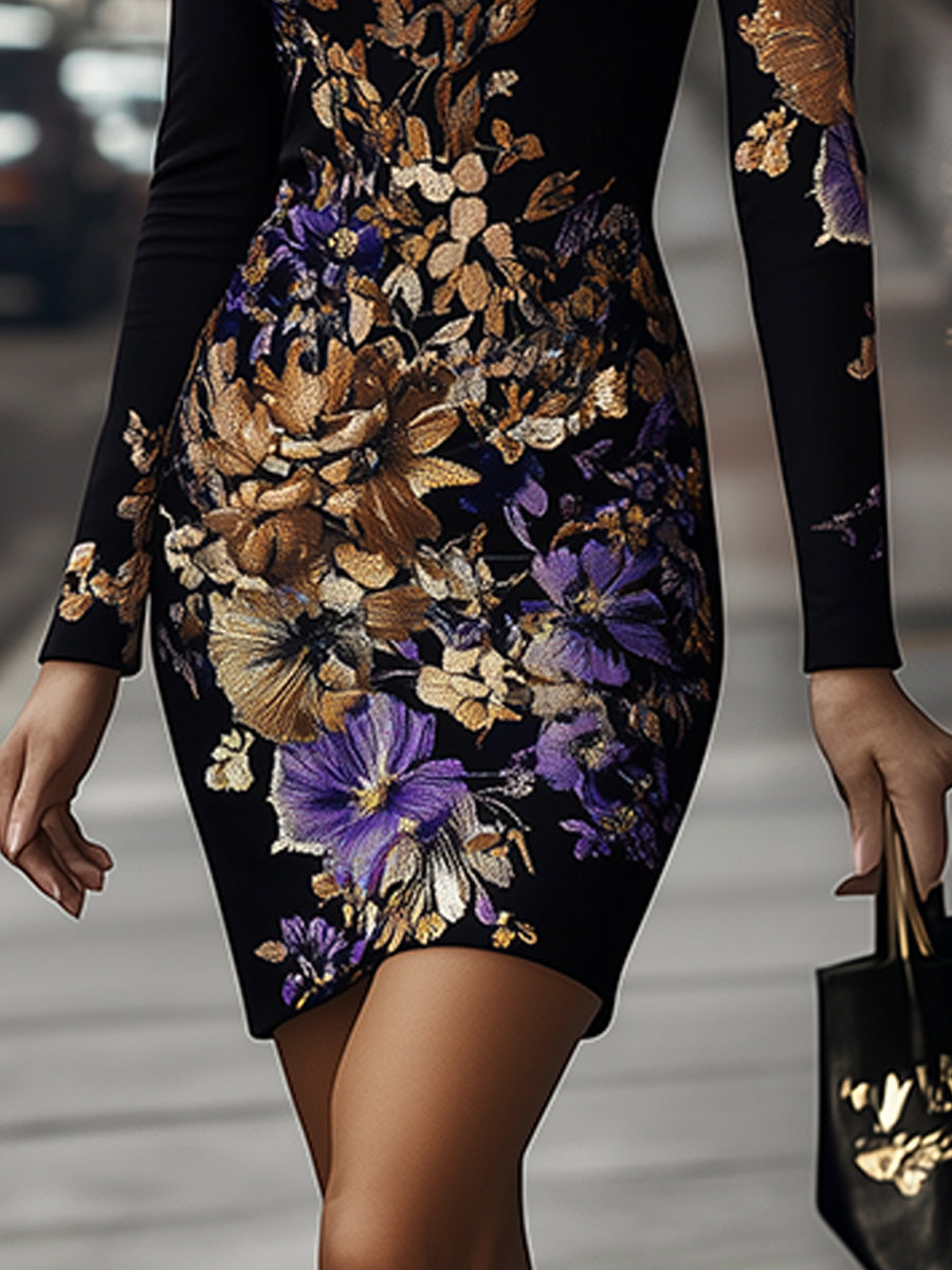 (clearance)Elegant Round Neck Floral Long Sleeve Bodycon Dress