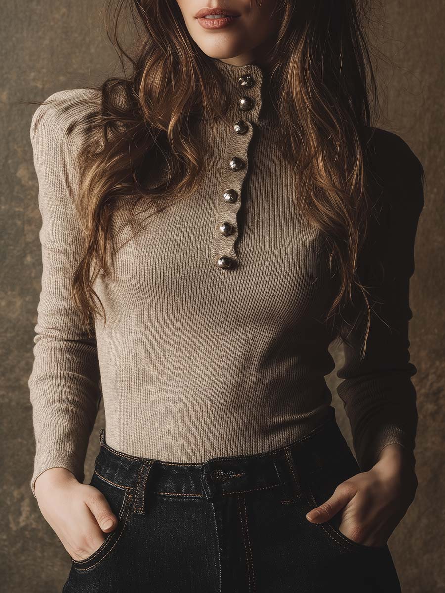 Vintage-Inspired Knit Top With Decorative Metal Buttons