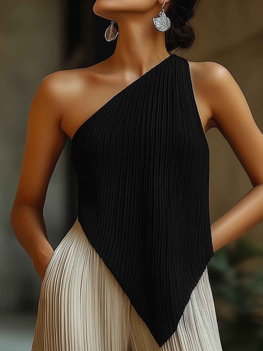 Minimalism Asymmetric Pleated One-Shoulder Top