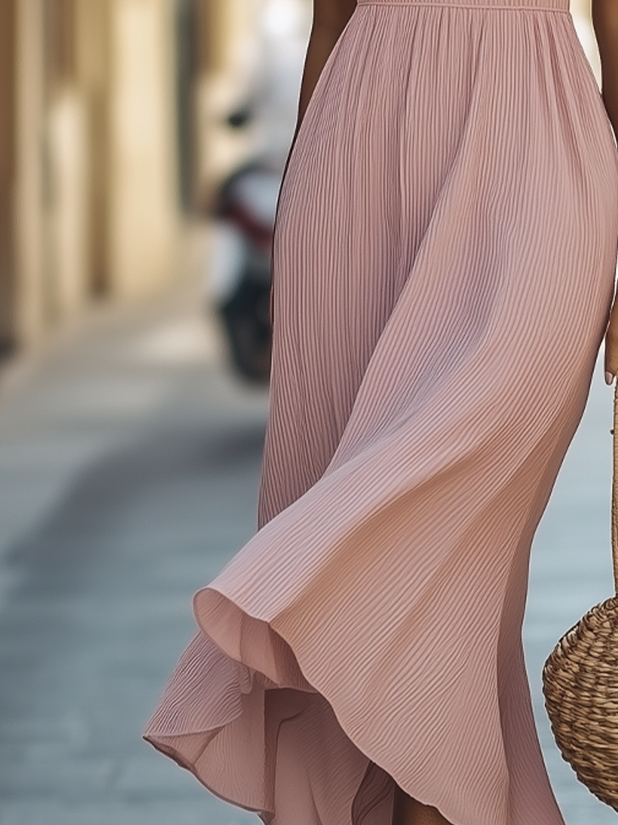 (sale)Halter Neck Waist Gathers Pleated Maxi Dress