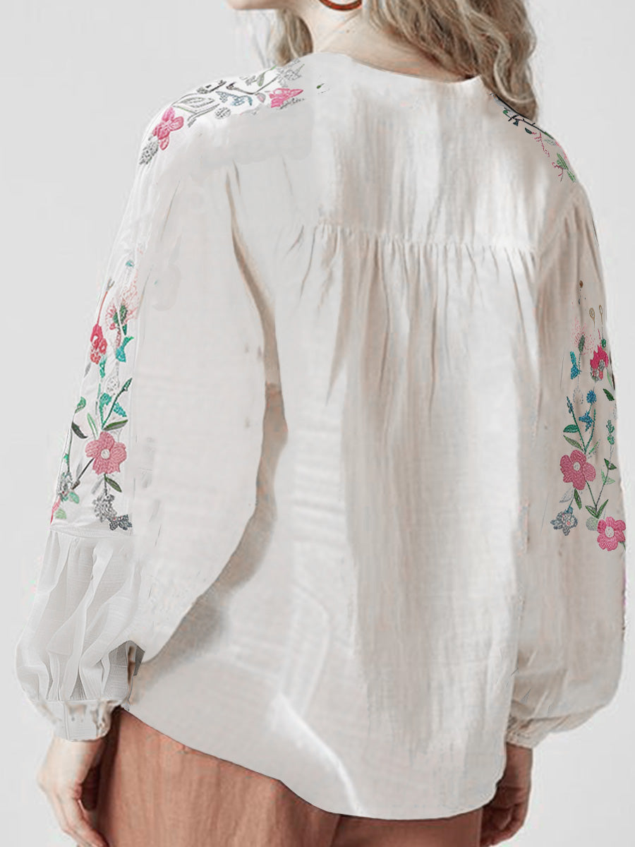 (sale)Cotton and Linen Floral Embroidery Long Sleeve Shirt