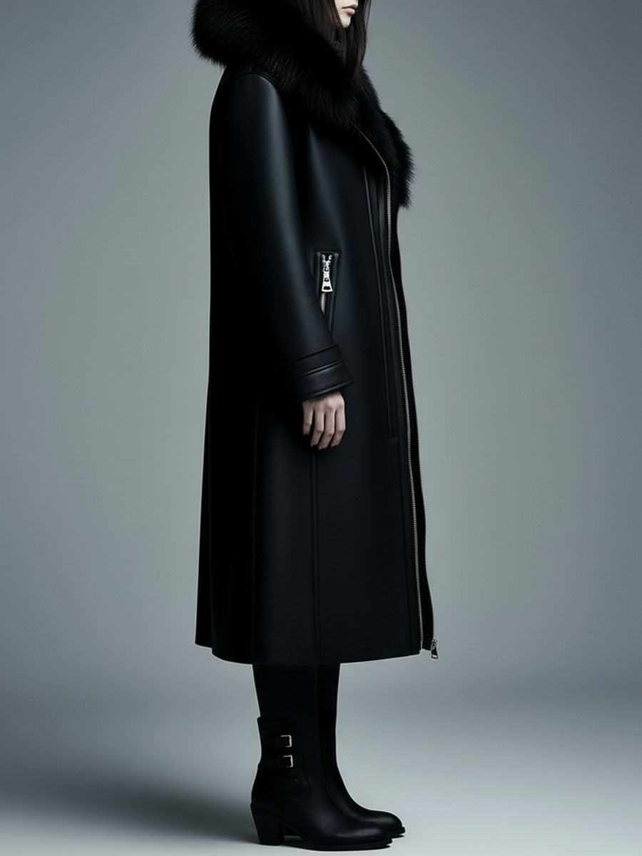 Women Fur Trim Warm Lined Hooded Eco Leather Trench Coat