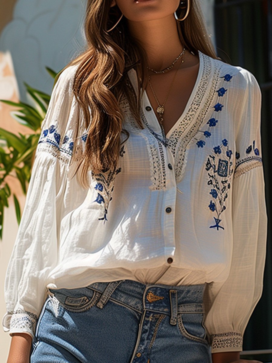 (clearance)V-neck Cotton and Linen Embroidery Stitching Hollow Top