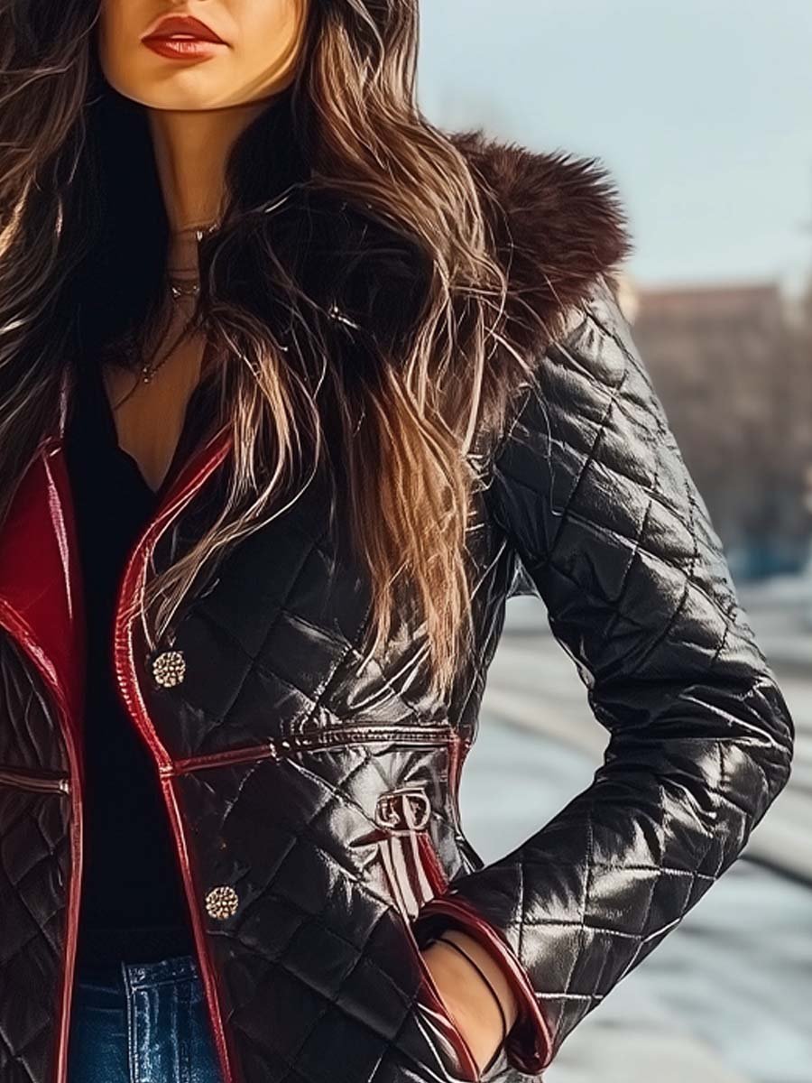 (clearance)Women's Vintage Fur Collar Contrasting Colors Quilted Coat