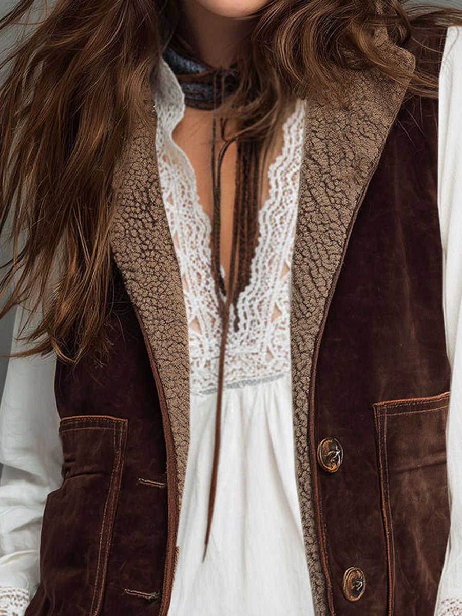 Vintage Western Brown Microsuede Waistcoat With Sherpa Lining