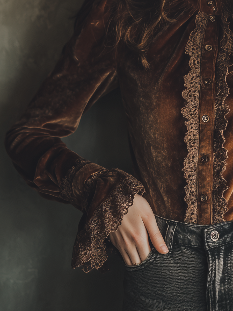 Vintage Lace Cuffs Poly Velvet Blouse