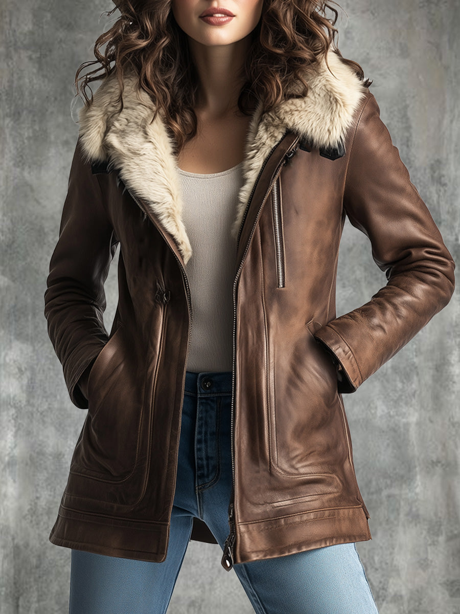 Vintage Wool Multi-pocket Sheepskin Faux Leather Warm Coat