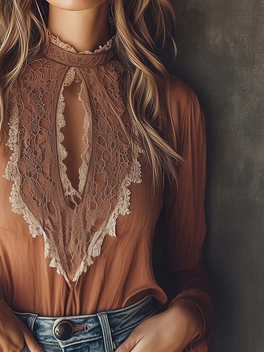(sale)Elegant Keyhole Lace-Accent Blouse in Warm Cinnamon