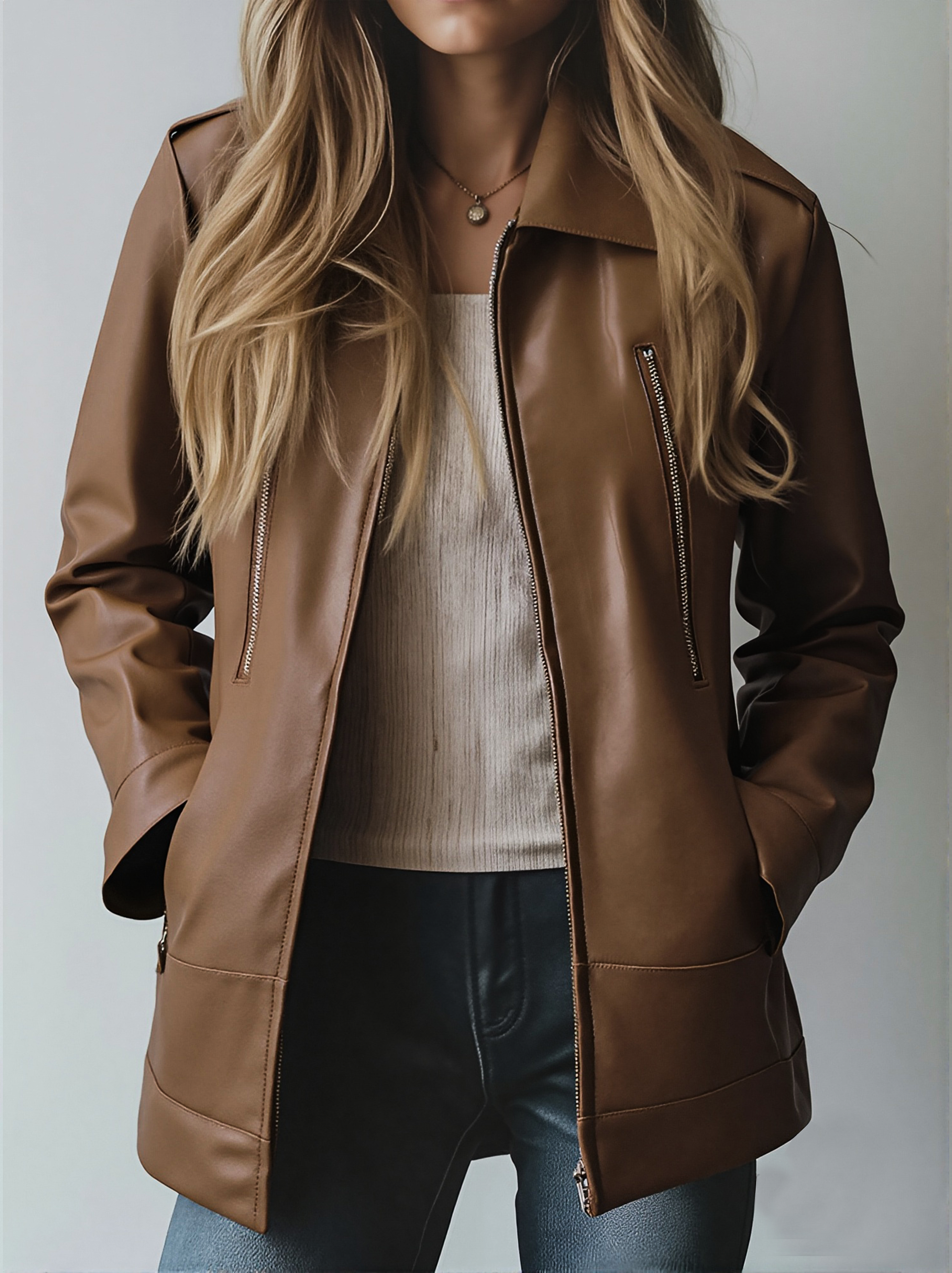 Women's Vintage Lapel Zipper Faux Leather Jacket