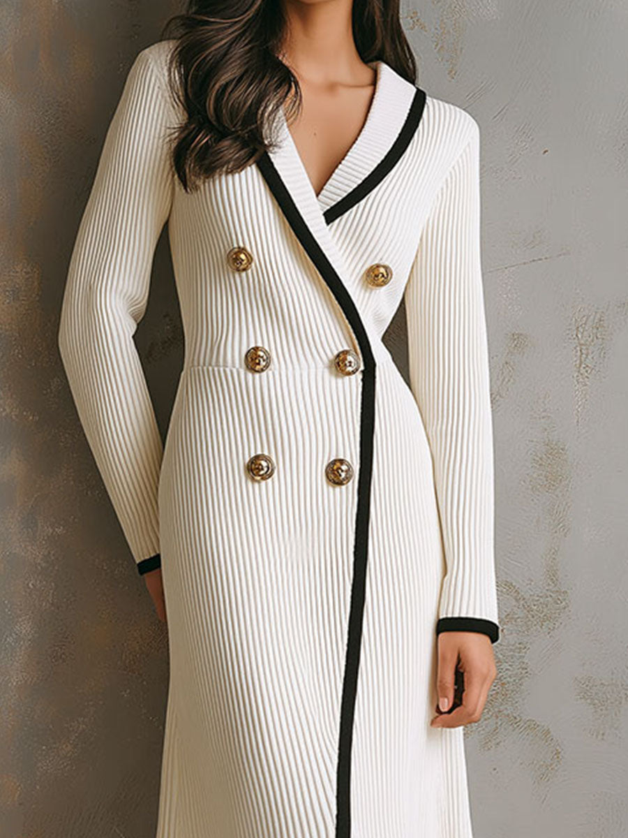 Elegant Ribbed Knit Blazer-Inspired Gold Buttons Midi Dress