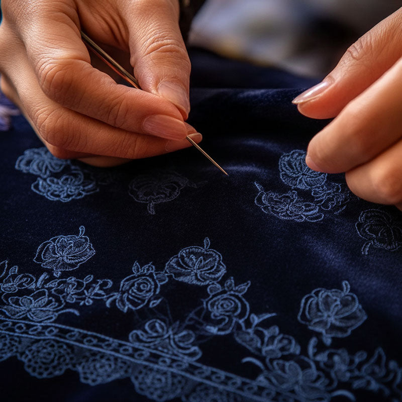 Embroidery Bell Sleeves Velvet Dress With Lace Trim