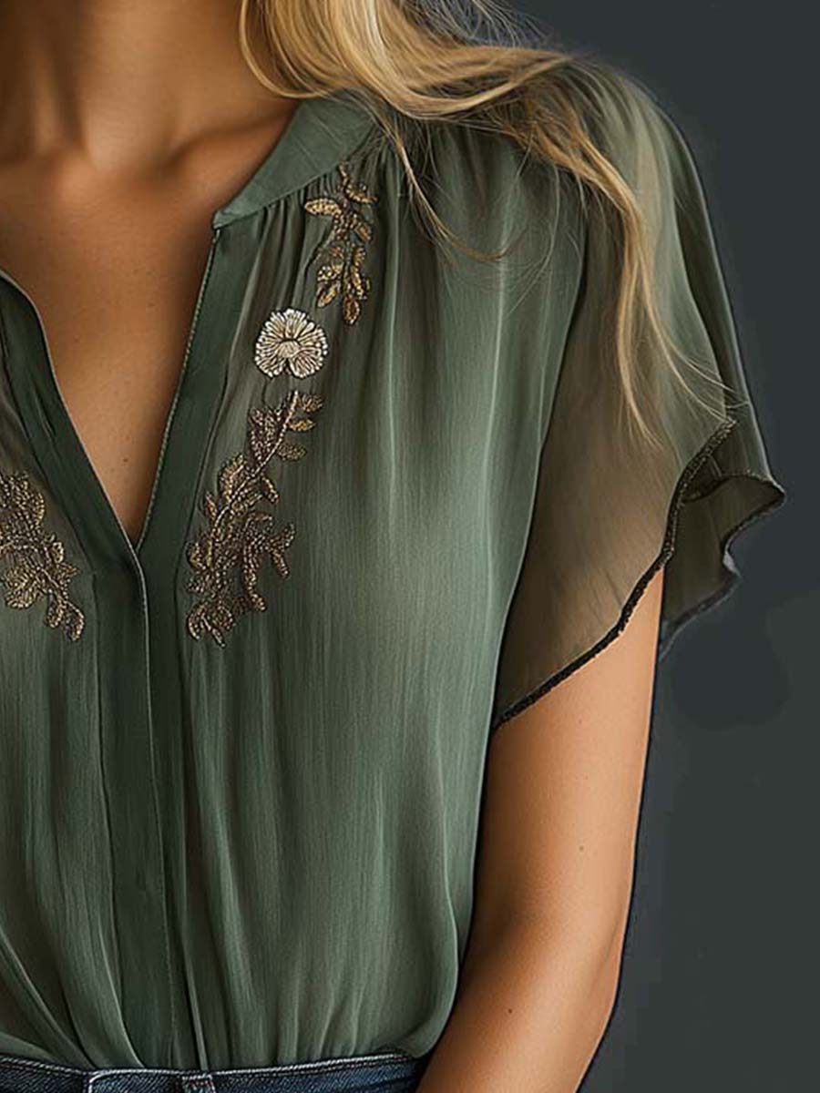 Vintage Embroidered Chiffon Short Sleeve Shirt